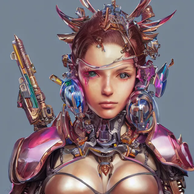 Image similar to studio portrait of lawful good colorful female holy mecha paladin absurdly beautiful, elegant, young skinny bikini model, ultrafine hyperrealistic detailed face illustration by kim jung gi, irakli nadar, intricate linework, sharp focus, bright colors, matte, octopath traveler, final fantasy, unreal engine highly rendered, global illumination, radiant light, intricate environment