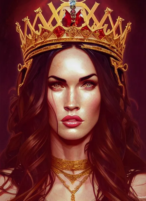 Prompt: portrait of megan fox as a queen, throne, jewelry, greek, ruby, intricate, headshot, highly detailed, digital painting, artstation, concept art, sharp focus, cinematic lighting, illustration, art by artgerm and greg rutkowski, alphonse mucha, cgsociety