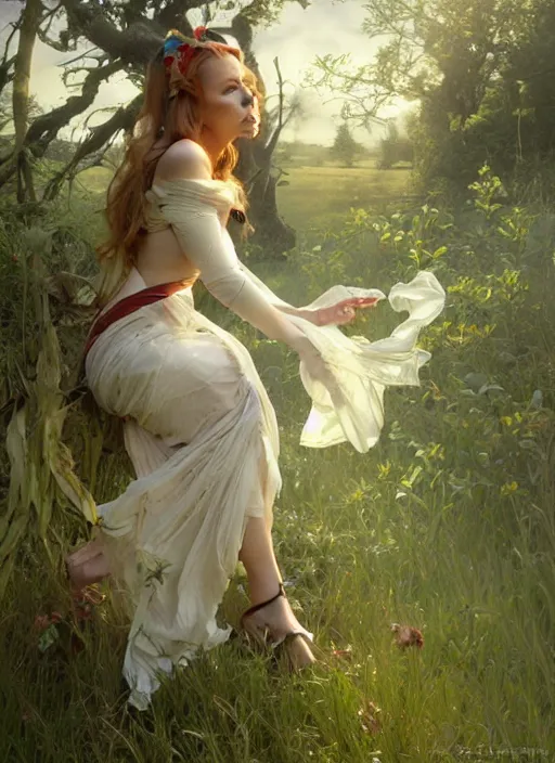 Prompt: Scarlett Johansson as a elf on a beutiful meadow, afternoon, art by Artgerm and Greg Rutkowski and Alphonse Mucha, DAZ, hyperrealistic, ambient light, dynamic light