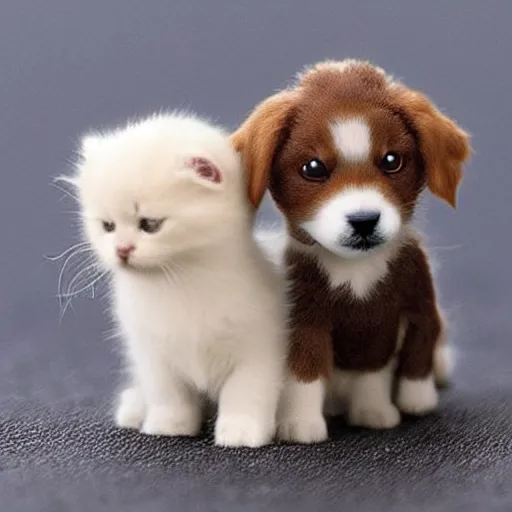 Prompt: A tiny golden retriever puppy and a very tiny white kitten, artstation