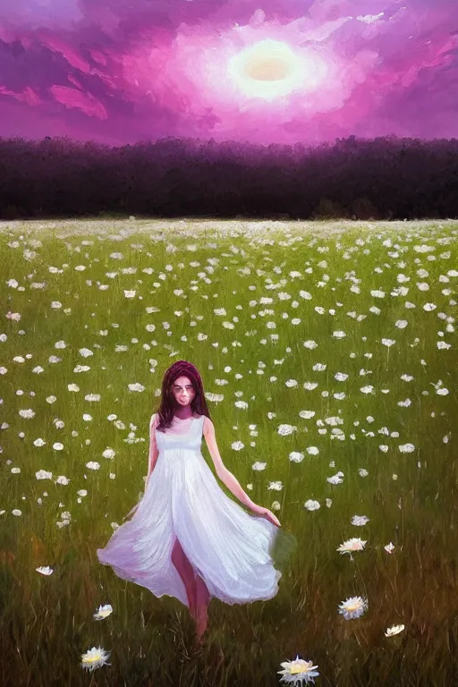 Image similar to giant white daisy flower veil head, girl walking in a flower field, surreal photography, sunrise, dramatic light, impressionist painting, colorful clouds, digital painting, artstation, simon stalenhag