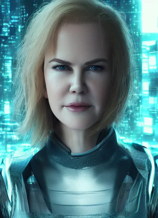 Prompt: portrait of beautiful cyber Nicole Kidman, young Nicole Kidman, short hair, cyberpunk, photorealistic, octane render, 35mm, coherent, intricate, 4k, intricate details, concept art, studio lighting, trending or artstation, award winning, beautiful scenery