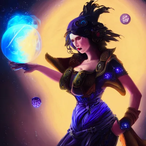 Image similar to Path of Exile, Maven, female image with purple hair among colourful lights, dark blue spheres fly around, Anachronism, painting, dark fantasy, steampunk, 4k,