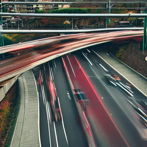 Image similar to a stunning aesthetic wallpaper of a city highway full of traffic with a train track and bus lane nearby, photograph by wes anderson, 8 k, soft focus, cinematic lighting, trending on flicker, super resolution.