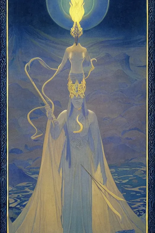 Prompt: lost queen of the night river with her scepter, by Nicholas Roerich and jean delville and Maxfield Parrish, dramatic cinematic lighting , ornate headdress , lost civilizations, extremely detailed, unreal engine