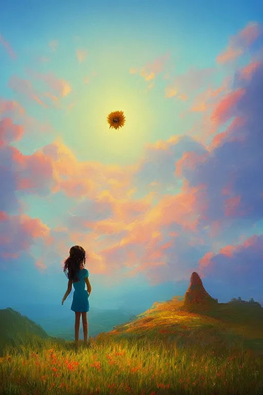 Image similar to closeup, giant flower head, girl standing on cliff, surreal photography, sunrise, blue sky, dramatic light, impressionist painting, digital painting, artstation, simon stalenhag