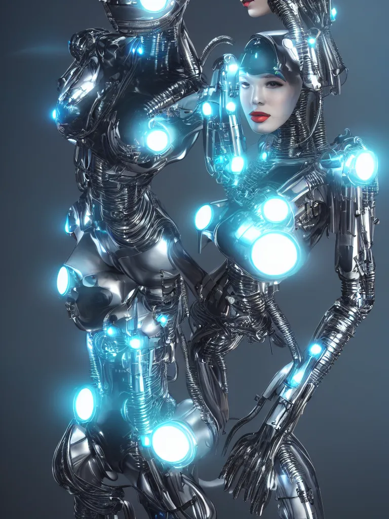 Image similar to cinematic, photography, medium shot, portrait, a beautiful betty page cyborg, perfect chromium bionic body, holographic ui data displays, hud interface, floating power cables, hajime sorayama, h. r. giger, octane rendered, 4 k, lens flare,