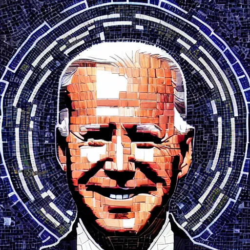 Image similar to portrait mosaic of a joe biden with robot ears and eyes, 4k, intricate details, digital, sun in the background