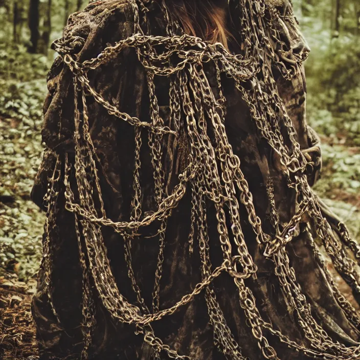 Prompt: a closeup of a woman wearing a cloak of chains, dragging a pile of chains, in a forest, by Erik Almas, CANON Eos C300, ƒ1.8, 35mm, 8K, medium-format print