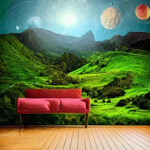 Prompt: the most beautiful and lush landscape in the universe, colorful mountains and green hills, planets in the sky and shooting stars, realistic lighting