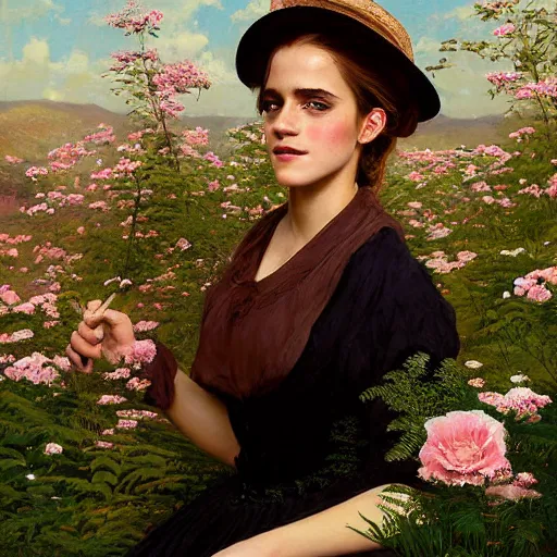 Image similar to sleeping thick paint brush strokes full body fashion model emma watson by Jeremy Lipking by Hasui Kawase by Richard Schmid (((smokey eyes makeup eye shadow fantasy, glow, shimmer as victorian woman in a long white frilly lace dress and a large white hat having tea in a sunroom filled with flowers, roses and lush fern flowers ,intricate, night, highly detailed, dramatic lighting))) , high quality