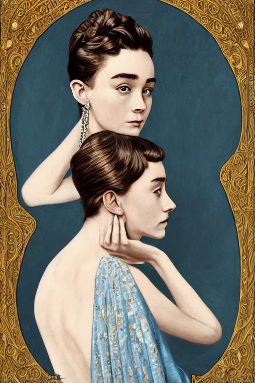 Prompt: a full body art nouveau portrait of a 16-year old girl who resembles Audrey Hepburn and Saoirse Ronan with a worried, intense gaze and slightly opened mouth, wearing sheer silks and ornate intricate iridescent mother-of-pearl jewelry, intricate, elegant, highly detailed, digital painting, artstation, concept art, smooth, sharp focus, illustration, art by John William Waterhouse and Bouguereau and Donato Giancola and alphonse mucha