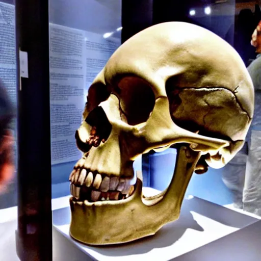 Image similar to Human skull in a museum with alien tourists looking at it, alien language, science fiction