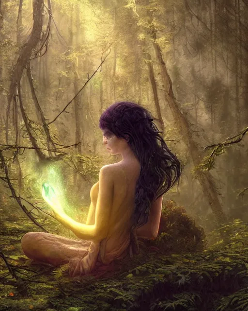 Image similar to female elf with black hair dress meditating in a nebula forest by greg rutkowski, high key lighting, volumetric light, digital art, highly detailed, fine detail, intricate, ornate, complex, octane render, unreal engine, photorealistic digital painting, artstation, concept art, sharp focus, art by greg rutkowski and alphonse mucha