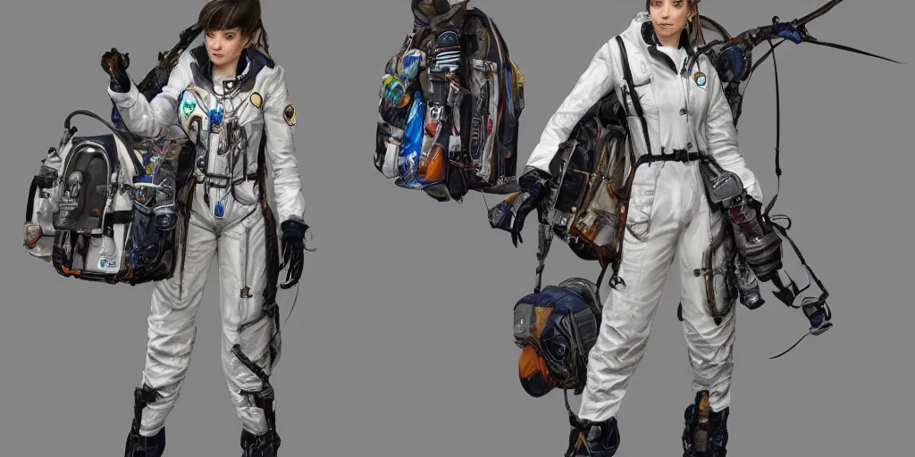 Image similar to a woman in scientist's jacket with a system of straps and pouches for collecting material by Donato Giancola and Tetsuya Nomura, trending on artstation and pixiv clean sci-fi concept art and sheet that using unreal engine 5 render and hyper detailed 3D texture with cinematic software light