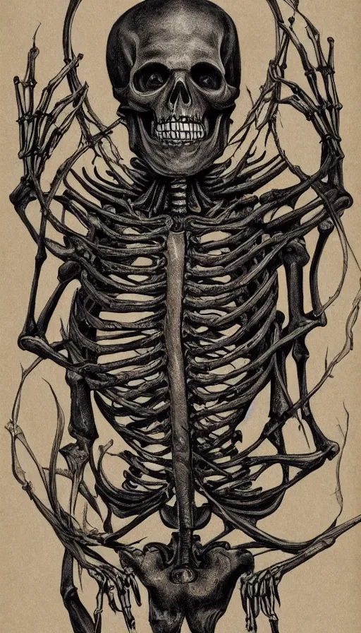 Prompt: full - body portrait of a creepy realistic human skeleton wearing many black snakes and other reptiles as clothing, traditional art, dark, surrealism, german romanticism style, ornate and elegant, hightly detailed