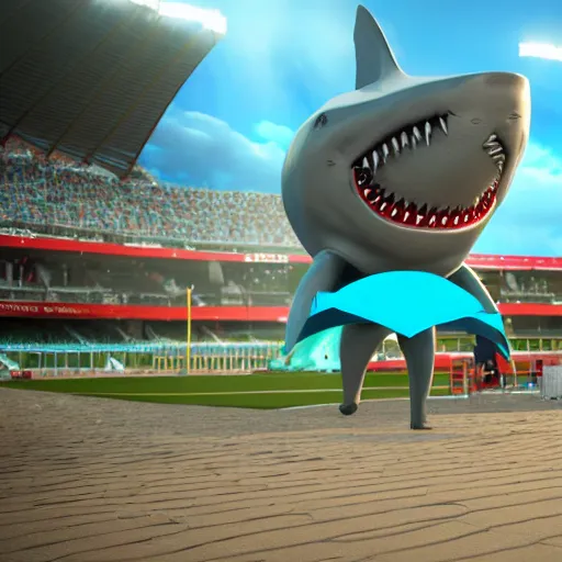 Image similar to Render of a 3D Shark Mascot Costume, with legs and arms, stadium setting, highly detailed, trending on artstation, photorealistic, Unreal Engine 4k