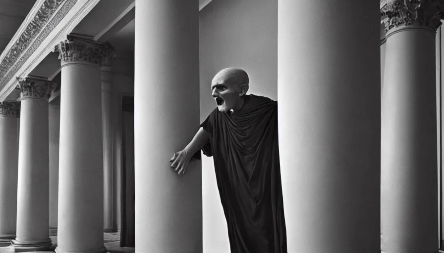 Prompt: 1 9 6 0 s movie still of chrysippus dying by laugh in drapery in a neoclassical room with columns, cinestill 8 0 0 t 3 5 mm b & w, high quality, heavy grain, high detail, texture, dramatic light, anamorphic, hyperrealistic