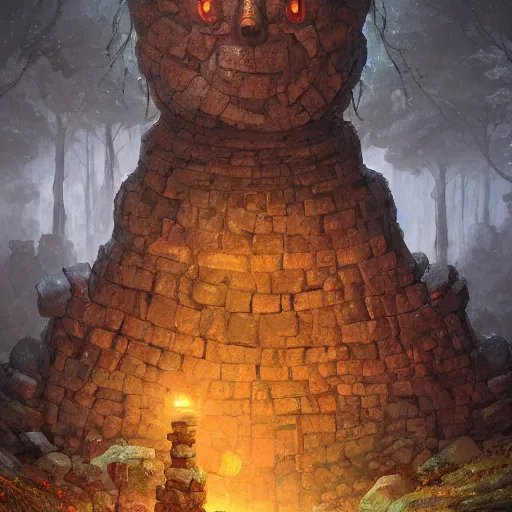 Image similar to a stone golem constructed out of rocks, minerals and wood, guarding the magnificent gate to a protected forest, 8 k resolution detailed fantasy art, asymmetrical composition, anato finnstark marc simonetti lisa frank zbrush central gloomy midnight.