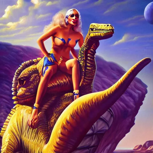 Image similar to Lady Gaga sitting on a dinosaur's back, playing a keytar, painted by Boris Vallejo in 1990, 4k highly detailed, hyper realistic, trending on artstation