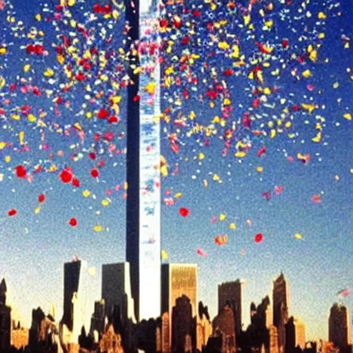 Prompt: twin towers 9/11 plane crash with confetti explosion