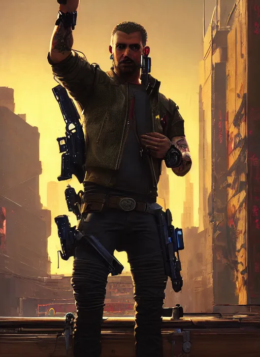 Prompt: arthur morgan. cyberpunk mercenary with tattoos wearing a military vest and combat jumpsuit. (Cyberpunk 2077, bladerunner 2049). Iranian orientalist portrait by john william waterhouse and Edwin Longsden Long and Theodore Ralli and Nasreddine Dinet, oil on canvas. Cinematic, hyper realism, realistic proportions, dramatic lighting, high detail 4k
