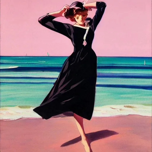 Image similar to woman, black dress in the middle of the beach, pink sea, leyendecker style