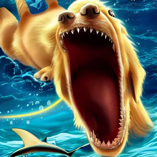Prompt: golden retriever riding on a shark shooting lasers out of its eyes, anime