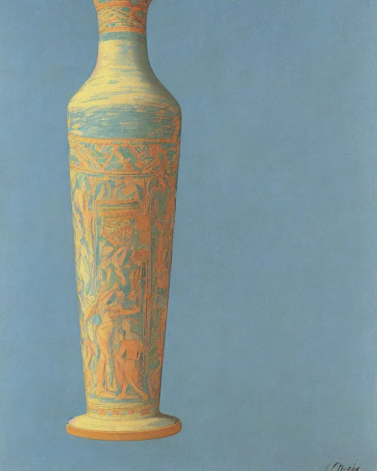 Image similar to achingly beautiful print of intricately painted ancient greek lekythos on a baby blue background by rene magritte, monet, and turner.