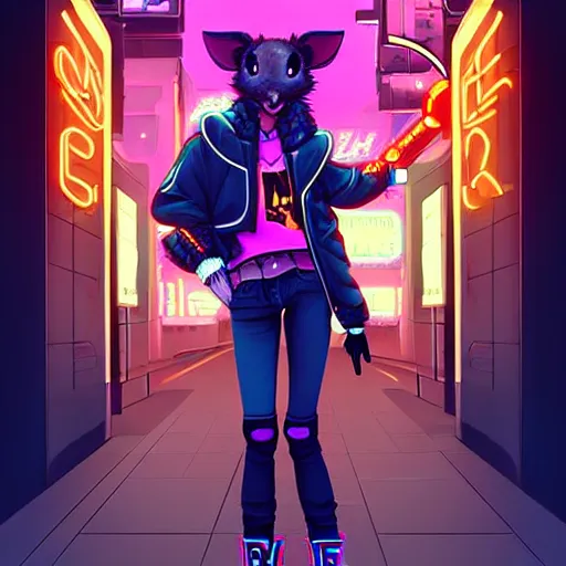 Image similar to beautiful furry digital art portrait commission of an androgynous furry anthro rat fursona wearing punk clothes in the streets of a cyberpunk city. neon signs. character design by charlie bowater, ross tran, artgerm, and makoto shinkai, detailed, inked