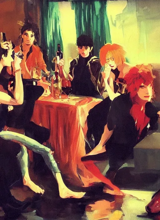 Prompt: glam rocker drinking brutal and raw wine with their friends, inside a green room with red lights, renaissance painting, joaquin sorolla, makoto shinkai, phil hale, extremely detailed