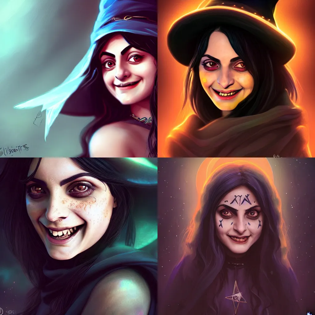 Prompt: female Camila Mendes, as a witch, fun smile, pale face, realistic character concept, medium shot, fun pose, comic book, illustration, artstation, cinematic lighting, hyperdetailed, cgsociety, 8k, high resolution, insanely detailed and intricate, beautiful