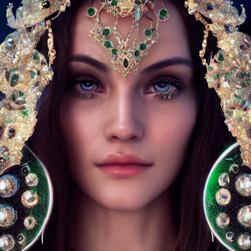 Image similar to wonderful princess with smooth fair skin, alluring eyes, green jewelry, breathtaking, elegant, intricate, hyper detailed, accent lighting, 4 k glamour photography, octane render