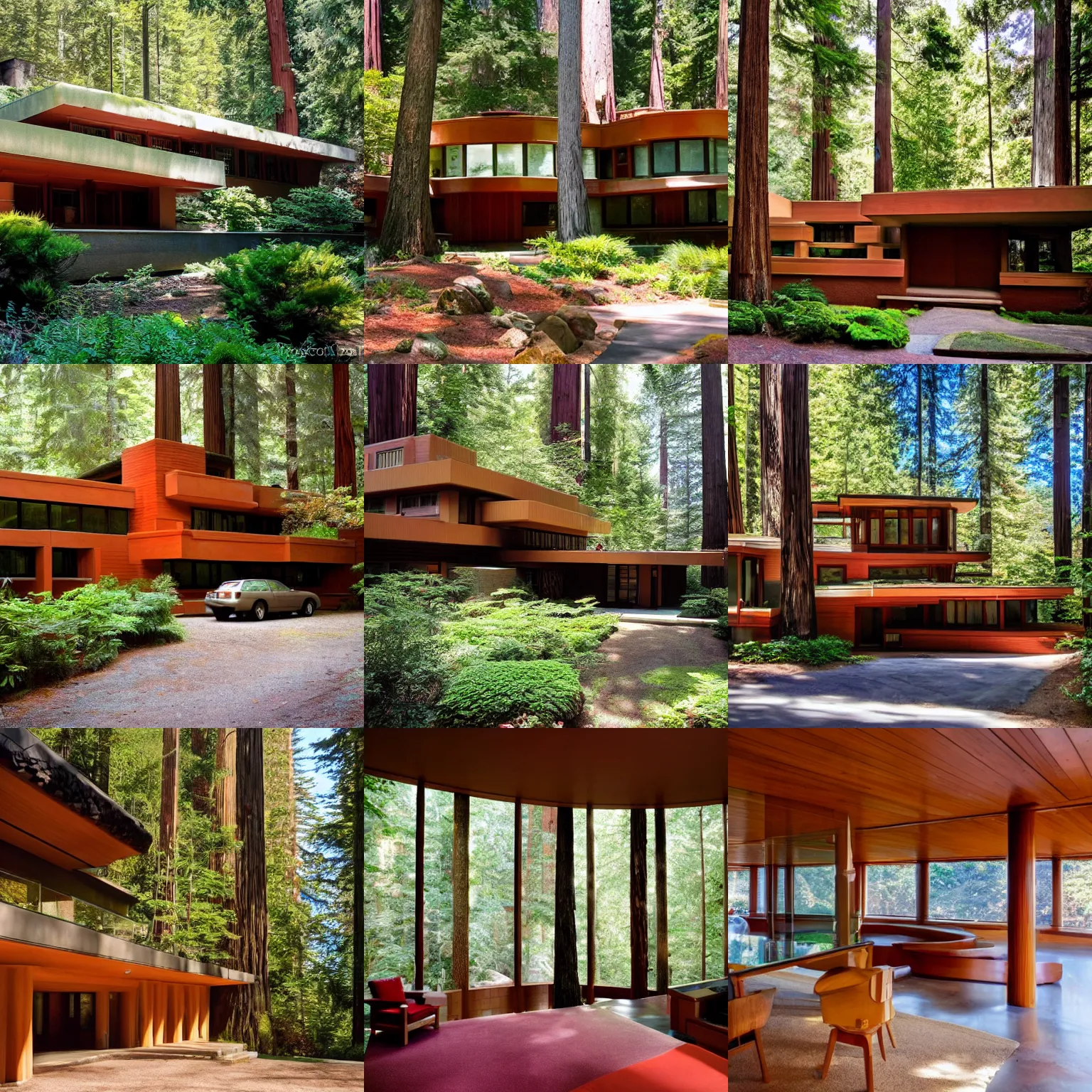 Prompt: a beautiful post - modern frank lloyd wright house in the redwoods near the beach on a sunny day, photo