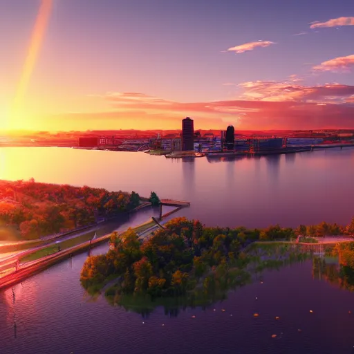 Prompt: Montreal island sunset river unreal engine very detailed photo illustration photorealistic trending on artstation unsplash