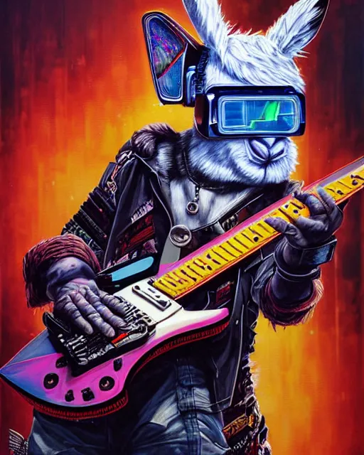 Image similar to a portrait of an anthropomorphic cyberpunk lhama shredding an electric guitar by sandra chevrier, by jon foster, detailed render, tape deck, epic composition, cybernetics, 4 k realistic, cryengine, realistic shaded lighting, sharp focus, masterpiece, by enki bilal