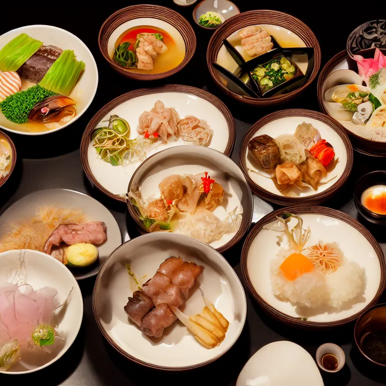 Prompt: close - up focused dslr photograph of an japanese dinner, 8 k, high detail, volumetric lighting, hyperrealism, aesthetically pleasing, studio lighting, trending, rule of thirds, sharp focus