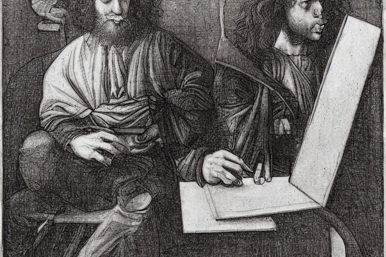 Image similar to an annoyed curly - haired persian guy programmer by leonardo davinci and mc escher