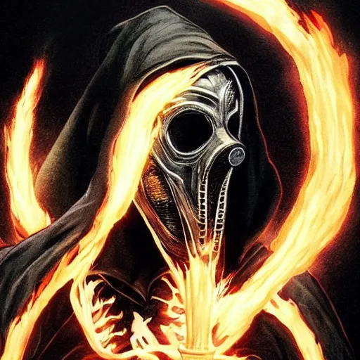 Image similar to ghost rider as a plague doctor with the plague doctor mask half burnt off showing his face, beautiful artwork by artgerm and rutkowski, by akira toriyama, breathtaking, beautifully lit, dramatic lighting, full view