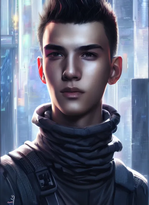 Image similar to photo of cyberpunk male teenager in the style of stefan kostic, realistic, sharp focus, 8 k high definition, insanely detailed, intricate, elegant, art by stanley lau and artgerm