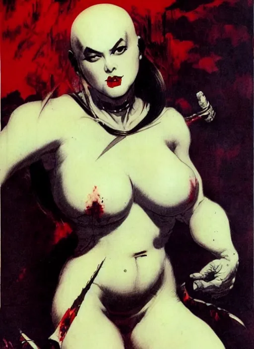 Image similar to portrait of bald korean vampiress, strong line, saturated color, beautiful! coherent! by frank frazetta, high contrast