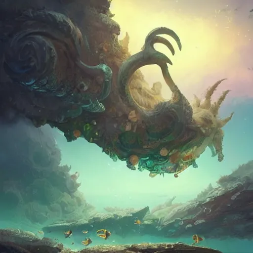 Image similar to Astronauts and some mythical animals are under the sea, they are swimming away from the giant kraken, the kraken is behind chasing them, this is an extravagant planet with wacky wildlife, the background is full of ancient ruins, by Jordan Grimmer digital art, trending on Artstation,