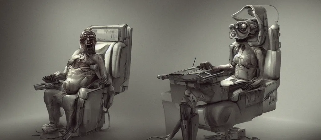 Image similar to human sitting in a chair to get upload by a scan machine to a computer, uploaded, scifi machine, very detailed, award winner on deviantart by geg rutkowski, by madgwick