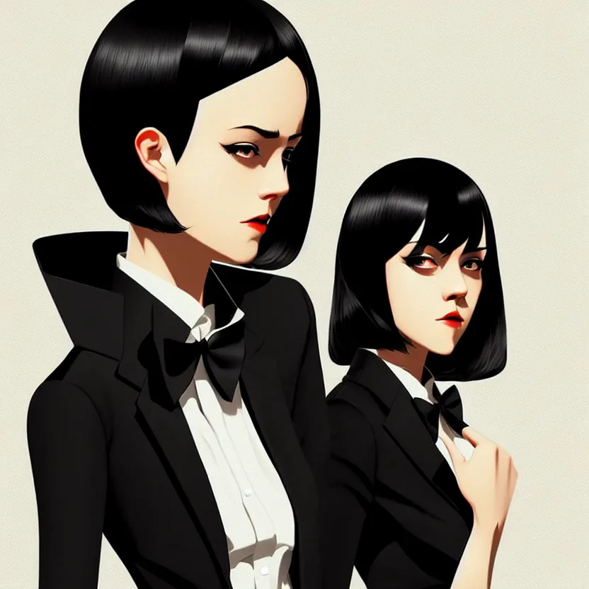 Image similar to jena malone, slim cruel business girl in tuxedo with black bob hair, elegant, 2 d, ultra highly detailed, digital painting, smooth, sharp focus, artstation, art by ilya kuvshinov!