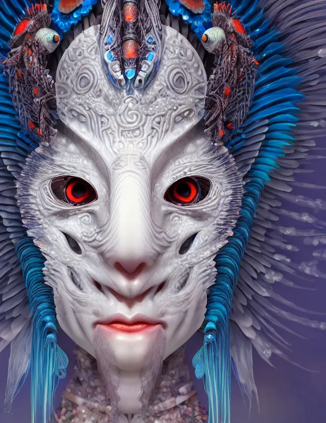 Image similar to 3 d shaman goddess close - up profile portrait. beautiful intricately detailed japanese crow kitsune mask and clasical japanese kimono. betta fish, jellyfish phoenix, bio luminescent, plasma, ice, water, wind, creature, artwork by tooth wu and wlop and beeple and greg rutkowski