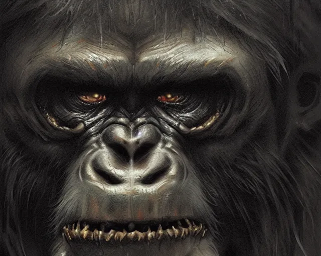 Prompt: 5 5 mm portrait photo of a demonic undead gorilla looking at the camera, in a magical forest, dark atmosphere, art by greg rutkowski and luis royo, highly detailed, 8 k, intricate, lifelike, soft light