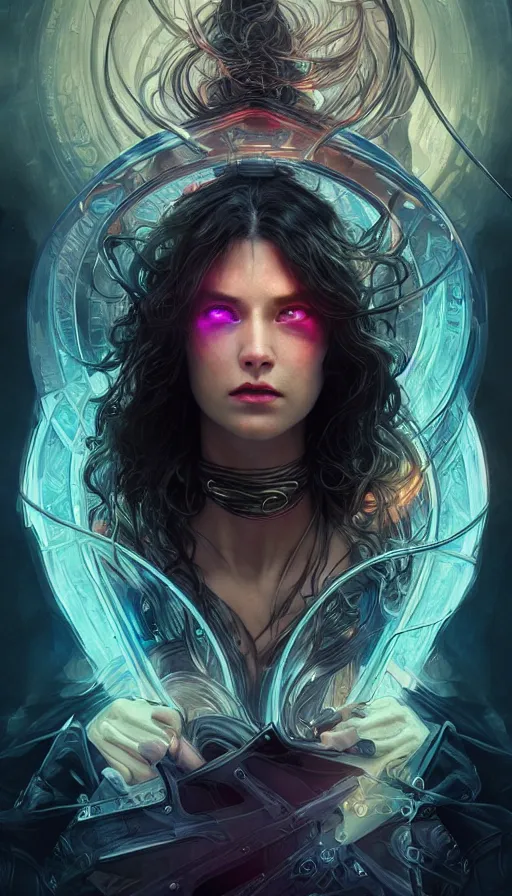 Prompt: furious gorgeous woman, lord of the rings, cyberpunk, neon, fibonacci, sweat drops, insane, intricate, highly detailed, digital painting, artstation, concept art, smooth, sharp focus, illustration, Unreal Engine 5, 8K, art by artgerm and greg rutkowski and alphonse mucha