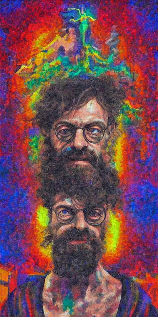 Prompt: Terence McKenna on a pixeleated cross with surrealist background, oil painting