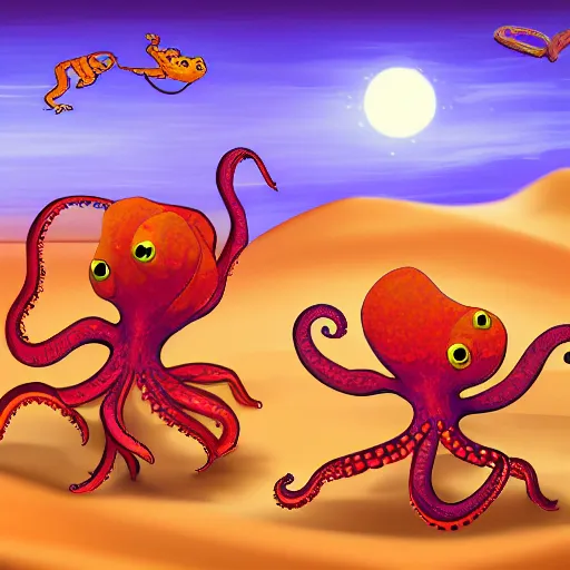 Prompt: octopus dances tango with a gecko while eating tacos in the sahara desert, digital art, trending on art station