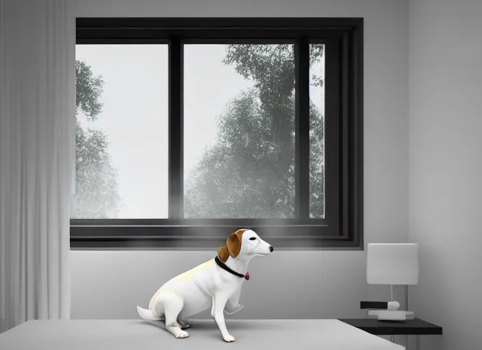 Image similar to photography of a Jack Russel . watching outside the window. on a bed .in a 3d rendered white room. octane render, 3d, foggy, volumetric light, volumetric fog, photorealistic, unreal engine 5, award winning photo, 100mm, sharp, cloth, high res